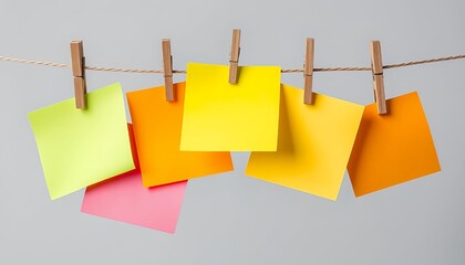 Colorful sticky notes hanging on a rope with clothespins for reminders and lists