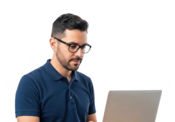 Focused man wearing glasses working on a laptop with a microphone and headset transparent background