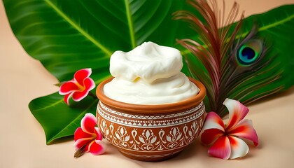 Fresh homemade butter in a pot with flowers and peacock feather still life art