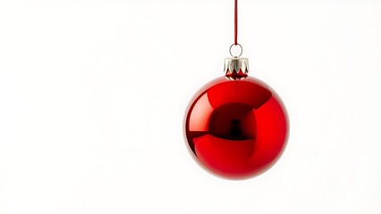 A glossy red ornament suspended against a pure white backdrop, embodying minimalist holiday charm.