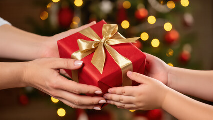 Christmas gift in red wrapping with golden ribbon being given from adult hands to child. Holiday moment near decorated tree with lights.