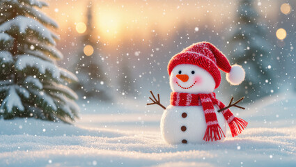 Fototapeta premium Christmas snowman in red hat and scarf standing in snowy forest at sunset with falling snow. Cute winter decoration in festive setting.