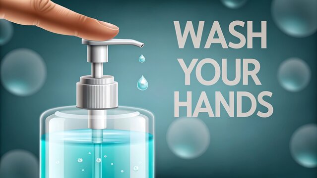 Hand pressing sanitizer pump bottle with wash your hands message on blue background

