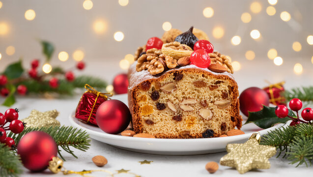 Christmas fruitcake with nuts, raisins, and cherries on a white plate, decorated with festive ornaments and pine branches. Holiday dessert.