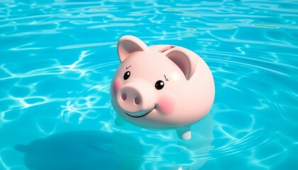 Piggy bank floating in pool water concept for savings financial planning money