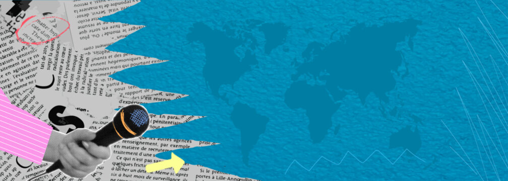 Trendy halftone pop art collage. Hand with microphone on blue background and space for text. Concept for world news, advertising or call to action.