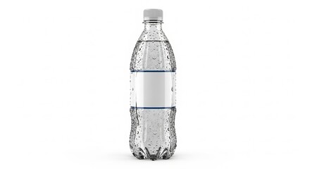 Clear plastic water bottle with blank label isolated on white background