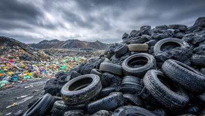A mountain of discarded tires sits atop a landfill