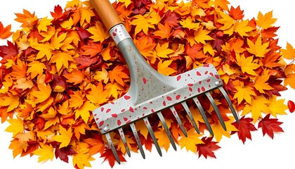 Fall leaves cleanup with rake, autumn yard work and seasonal gardening concept