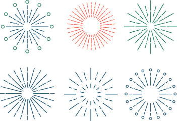 Line firecrackers. Colorful radial firework linear sun icons, circular fireworks starburst explosion with sparkles. Vibrant festive decoration, celebration design, overlay effect. Simple vector set on