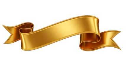 A shiny, metallic gold ribbon banner with a glossy finish and elegant curves, isolated on a white background.