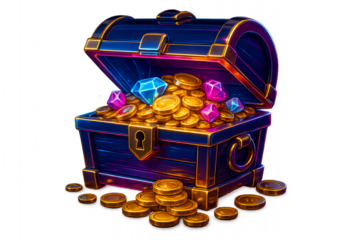 Treasure chest overflowing with gold coins and colorful gemstones in a vibrant illustration