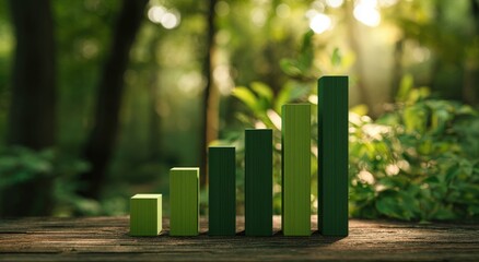 Green bar graph on rustic wood in forest
