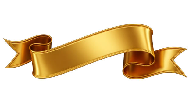 A shiny, metallic gold ribbon banner with a glossy finish and elegant curves, isolated on a white background.