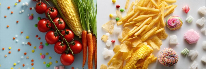 Naklejka premium Fresh vegetables including tomatoes, corn, and carrots on one side, while the other side displays an assortment of snacks like chips and candies.