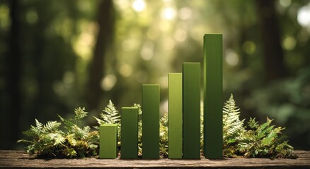 Green bar graph on a rustic wooden surface in a nature setting