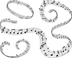Music notes wave. Flowing musical staff lines with notes, clefs and melody rhythm patterns in dynamic circular, spiral and wavy shapes. Elegant swirling compositions for music posters. Vector set on w © chhaifunnahar