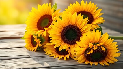 Vibrant sunflowers on a rustic wooden surface, bathed in warm natural sunlight with a soft blurred background.