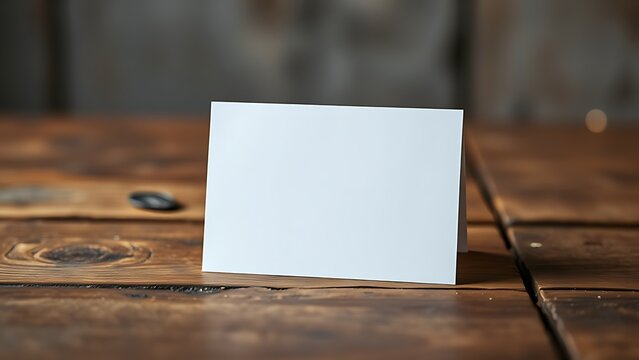 Blank greeting card resting on a rustic wooden surface with warm ambient light.