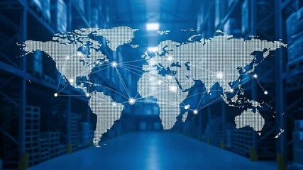 Blue warehouse interior with a digital world map overlay and connecting lines and points - Powered by Adobe