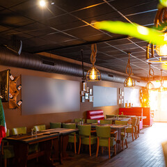 Sunny empty restaurant interior with no people tables sun restaurant