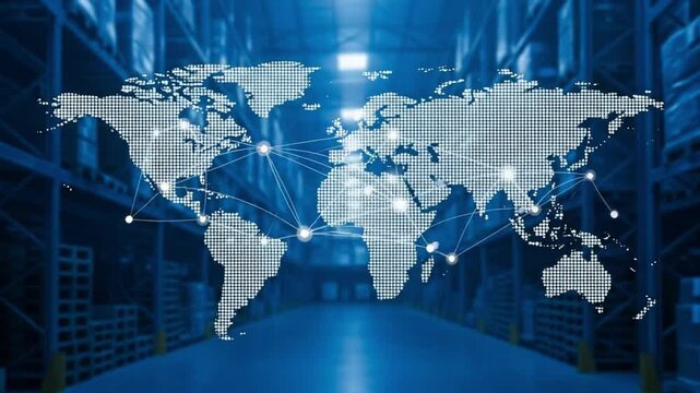 Blue warehouse interior with a digital world map overlay and connecting lines and points