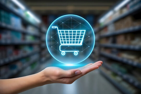 Digital shopping cart hologram hovering above an open palm in a blurred grocery store aisle.
