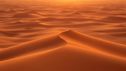 Vast desert dunes bathed in sunset hues, creating a serene and timeless landscape.