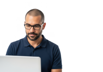 Focused man with beard and glasses working on a laptop computer indoors transparent background