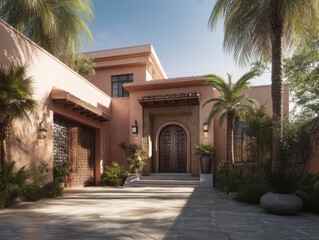 Naklejka premium A house with a large front door and a balcony. The door is made of wood and has a metal frame. The house is surrounded by a lush green garden with palm trees