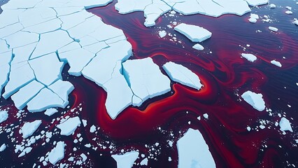 Antarctic ice shelf fracturing into geometric blue shards against warming red ocean currents.