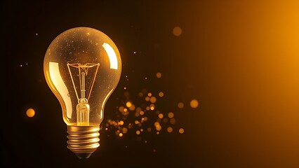 Golden lightbulb surrounded by floating particles, symbolizing creativity and bright ideas in darkness.