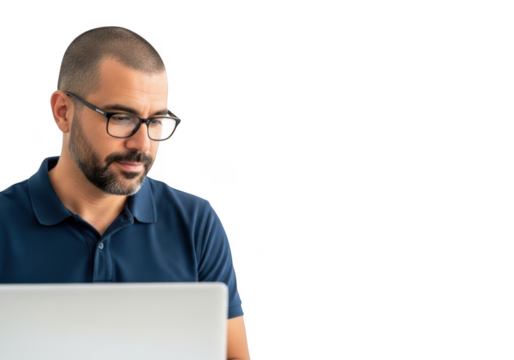 Focused businessman wearing glasses working on a laptop computer with intense concentration transparent background