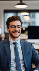 Obraz premium A smiling businessman wearing glasses, a suit, and a tie, seated at a desk in an office with a computer monitor in the background.