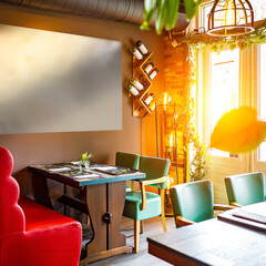 Sunny empty restaurant interior with no people tables sun restaurant