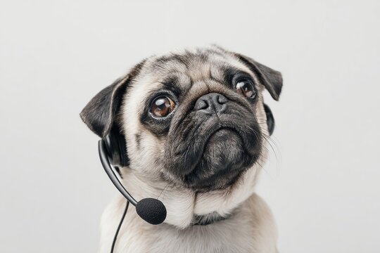 A small fawn pug dog wearing a headset. The dog has a curious expression and large, round eyes. The background is plain and light-colored.