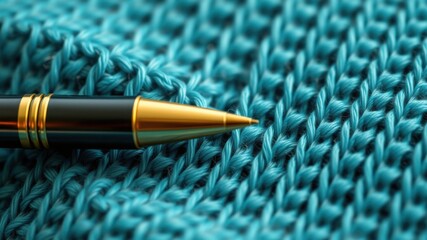 A close up of a black and gold pen resting on a textured turquoise knitted fabric surface detail