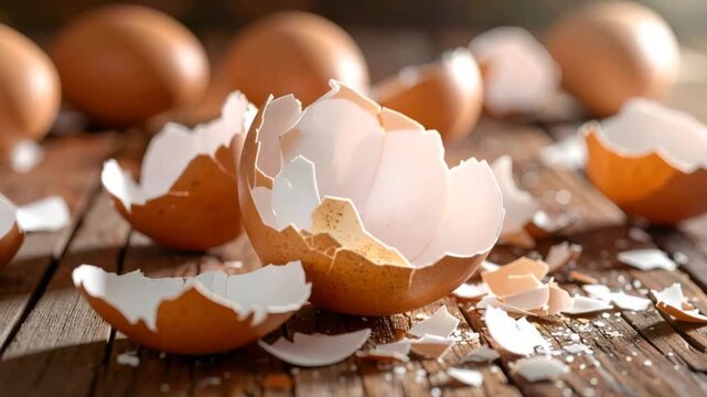 Close up of cracked eggshells on rustic wooden surface with natural light