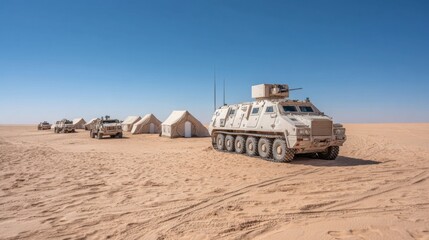 Military vehicle and tents in vast desert landscape under clear blue sky during bright sunny day, showcasing army operations and logistics in arid conditions