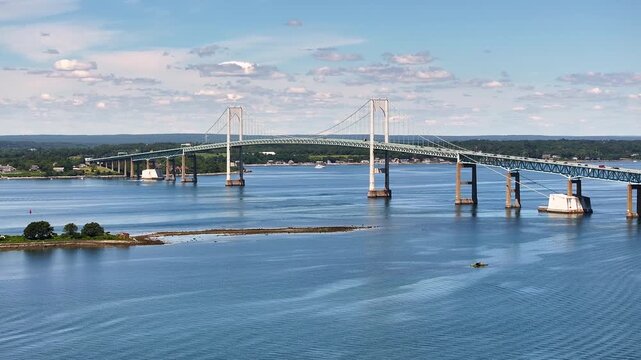 Aerial Approach of the Claiborne Pell Newport Bridge in Rhode Island