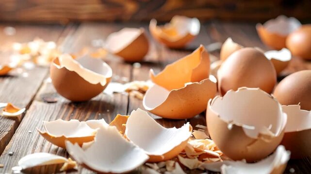 Close up view of cracked eggshells on wooden surface with natural lighting