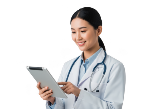Young asian doctor wearing a stethoscope and white lab coat reviews patient chart on tablet transparent background - Powered by Adobe