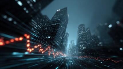 Fototapeta premium Financial data stream over modern glass office backdrop, fintech visualization with motion lines and glowing graphs