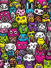 A diverse array of cartoon animals fills the display with bright colors and quirky designs, creating a playful atmosphere at an art exhibition.