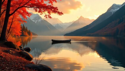 A serene lake reflecting mountains and a canoe under a colorful autumnal sky at sunset time