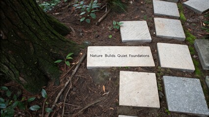 Natural pathway with inspirational quote on stone tiles surrounded by lush foliage