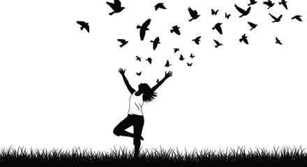 Silhouette of joyful person standing on one leg with raised arms, birds flying above in nature scene of freedom and peace