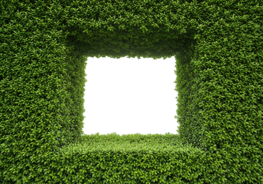 A square opening in a dense green hedge, isolated on transparent background
