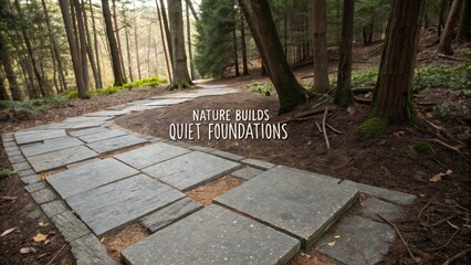 Winding stone pathway through serene forest landscape