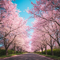 An empty road with cherry blossoms grown on trees on both sides